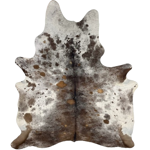 Tricolor Speckled Brazilian Cowhide:  has a mix of brown and black, with fine, white speckles and some spots in different shades of brown, and it has white, with brown spots and fine brown and black speckles, on the sides and belly - 7'3" x 5'5" (BRSP2438)