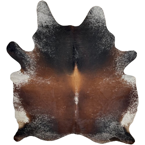 XXL Tricolor Speckled Brazilian Cowhide, 2 brand marks:  brown, with some white speckles on the back and sides, white with brown speckles on the belly, and black with white speckles on the shoulder, butt, and shanks, and it has a brand mark on the right side of the butt, and another on the left side of the back - 8'5" x 7' (BRSP2439)