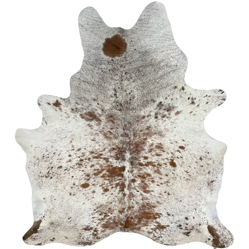 White and Brown Speckled Brazilian Cowhide, 2 brand marks:  white with brown spots and speckles, and it has one brand mark on each side of the butt - 7'5" x 5'9" (BRSP2447)