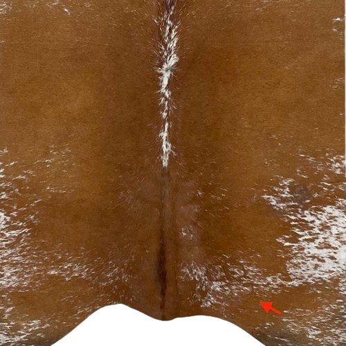 Closeup of this Large, Brown and White, Speckled, Brazilian Cowhide, showing one brand mark on the right side of the butt (BRSP2448)