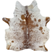 Large Brown and White Speckled Brazilian Cowhide, 2 brand marks:  white with brown speckles and spots, and it has one brand mark on the left side of the butt, and another near the left, hind shank - 7'7" x 6'5" (BRSP2449)
