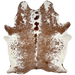 Brown and White Speckled Brazilian Cowhide, 2 brand marks:  white with brown spots and speckles down the spine, brown with white speckles and spots on the back, shoulder, and shanks, and white with brown spots and speckles on the belly, and it has one brand mark on the right side of the butt and another along the right side of the spine - 7'5" x 5'11" (BRSP2451)