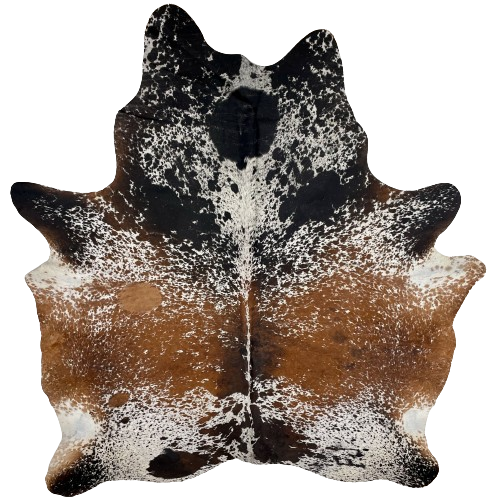 Large Tricolor Speckled Brazilian Cowhide, 1 brand mark:  white with black and golden brown speckles, and large and small, golden brown and black spots, and it has one brand mark on the right side of the butt - 7'9" x 6'6" (BRSP2453)