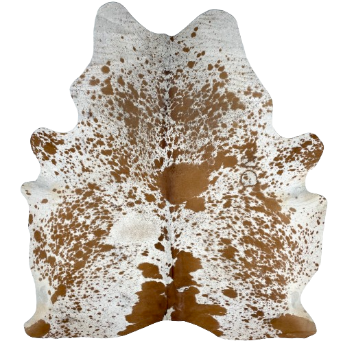 Brown and White Speckled Brazilian Cowhide, 1 brand mark:  white with brown speckles and large and small, brown spots, and it has one brand mark on the right side of the back, near the fore shank - 7'1" x 5'9" (BRSP2455)