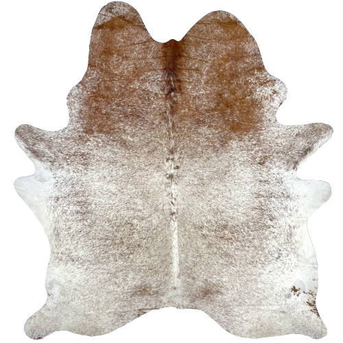 White and Reddish Brown Speckled Brazilian Cowhide, 1 brand mark:  white with reddish brown speckles covering most of the hide, and reddish brown with white speckles on the shoulder, and it has one brand mark on the left side of the butt - 7' x 5'11" (BRSP2457)