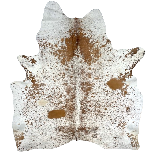 Large White and Brown Speckled Brazilian Cowhide, 4 brand marks:  white with brown speckles and spots, and it has two brand mark along the left side of the spine, and two more on the right side of the butt - 7'7" x 6' (BRSP2459)