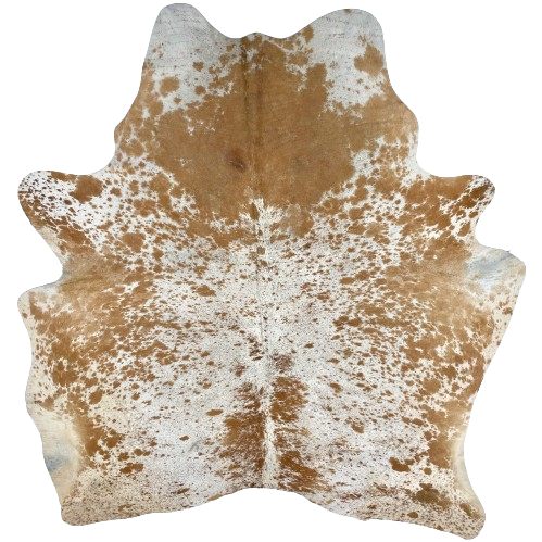 Caramel and White Speckled Brazilian Cowhide:  white with caramel speckles, and large and small, caramel spots - 6'10" x 6' (BRSP2460)