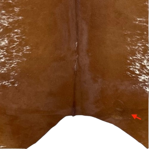 Closeup of this Large Reddish Brown and Off-White Speckled Brazilian Cowhide, showing one brand mark on the right side of the butt (BRSP2463)