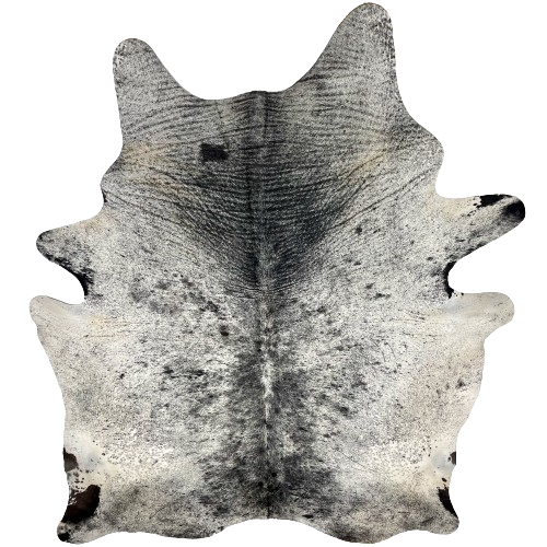 XL White and Black Speckled Brazilian Cowhide, 1 brand mark:  white with black speckles and spots, and it has one brand mark on the right side of the butt - 8'4" x 6'6" (BRSP2465)