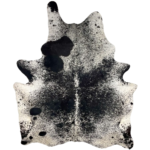 Large Black and White Speckled Brazilian Cowhide:  black, with white speckles, in the middle of the back, and white, with black speckles and spots everywhere else - 7'11" x 5'11" (BRSP2466)