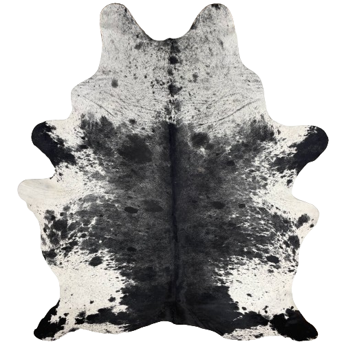 XL Black and White Speckled Brazilian Cowhide:  black, with fine, white speckles on the back, and white with black speckles and spots on the belly, shoulder, and shanks - 8'3" x 6'6" (BRSP2469)