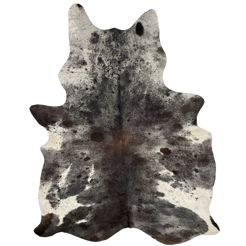 Dark Tricolor Speckled Brazilian Cowhide:  has a mix of black and dark brown, with fine, white speckles, and large, white spots on the belly that have black speckles and cloudy, black spots - 7'6" x 5'4" (BRSP2470)