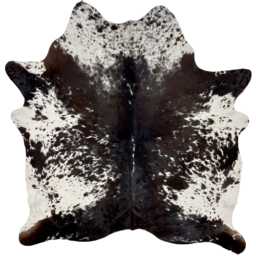 Brownish Black and White Speckled Brazilian Cowhide:  white with brownish black spots and speckles, and it has mostly brownish black down the middle, and on the butt and shanks - 6'5" x 5'6" (BRSP2472)