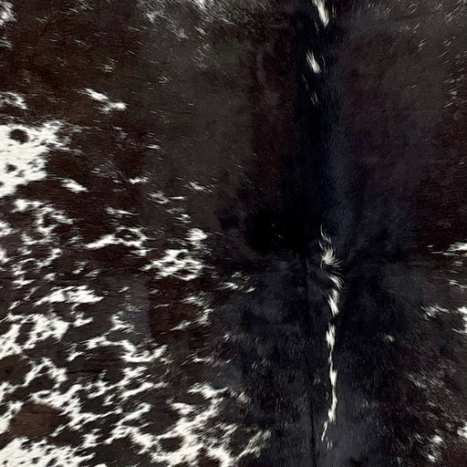 Closeup of this Brownish Black and White, Speckled, Brazilian Cow hide, showing white with brownish black spots and speckles, and mostly brownish black down the middle (BRSP2472)