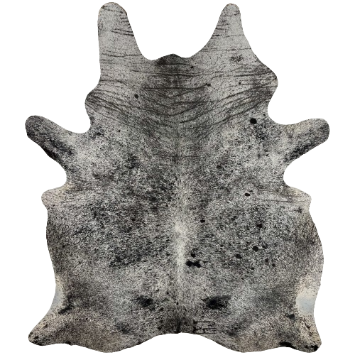 Large Black and White Speckled Brazilian Cowhide, 1 brand mark:  white with black speckles and spots, and it has one large brand mark on the right side of the butt - 7'9" x 5'9" (BRSP2473)