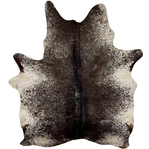 Large Blackish Brown and White Speckled Brazilian Cowhide, 2 brand marks:  blackish brown with white speckles and spots, and it has white with blackish brown speckles on the belly, and it has one brand mark on each side of the butt  - 7'9" x 5'10" (BRSP2475)