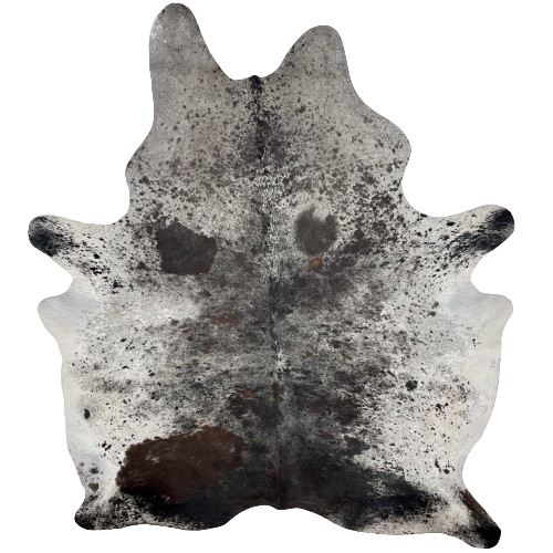 Black and White Speckled Brazilian Cowhide, 2 brand marks:  white with black speckles and spots, with a few small, brown spots and one large, blackish brown spot, and it has one brand mark on the right side of the butt, and another on the left, hind shank - 7'5" x 5'10" (BRSP2481)