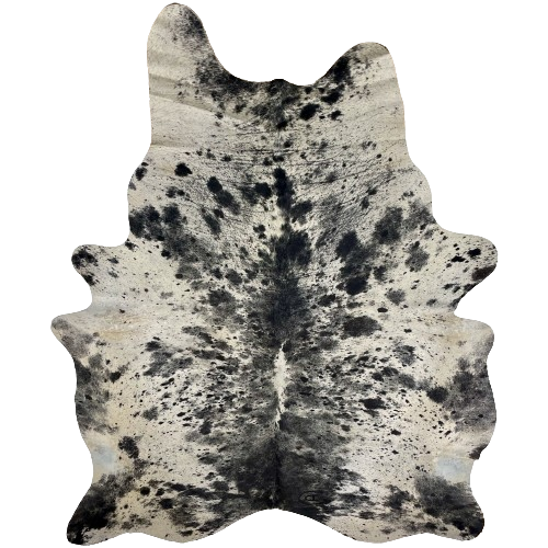 XXL Black and Off-White Speckled Brazilian Cowhide, 2 brand marks:  off-white with black spots and speckles, and it has one brand mark on each side of the butt - 8'9" x 6'5" (BRSP2483)