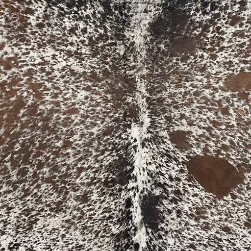 Closeup of this XL, Tricolor, Speckled, Brazilian Cowhide, showing white with brown and black speckles and spots (BRSP2489)