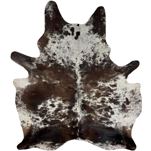 Large Dark Brown and White Speckled Brazilian Cowhide:  white with dark brown speckles and small and large spots - 7'7" x 5'11" (BRSP2491)