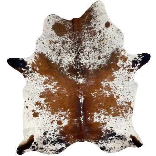 XL Tricolor Speckled Brazilian Cowhide, 1 brand mark:  white, with large and small, reddish brown and black spots, and reddish brown and black speckles, and it has a small cluster of brand marks on the right side of the butt - 8'3" x 5'5" (BRSP2494)