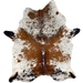 XL Tricolor Speckled Brazilian Cowhide, 1 brand mark:  white, with large and small, reddish brown and black spots, and reddish brown and black speckles, and it has a small cluster of brand marks on the right side of the butt - 8'3" x 5'5" (BRSP2494)