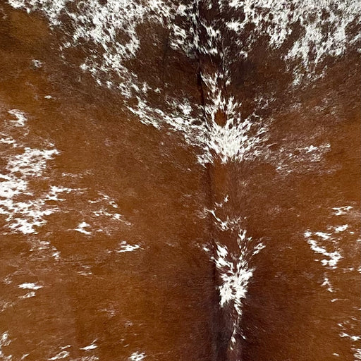  Closeup of this XL, Tricolor, Speckled, Brazilian Cowhide, showing white, with large and small, reddish brown spots and speckles (BRSP2494)