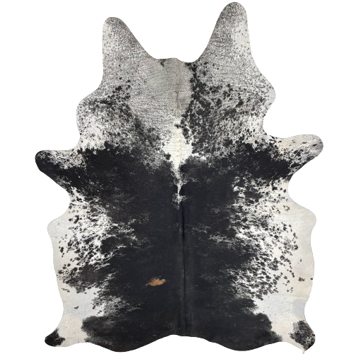 Large Black and Off-White Speckled Brazilian Cowhide:   black, with some white speckles and one brown spot, down the back, and off-white with cloudy, black spots and speckles, on the belly, shoulder, and shanks - 7'9" x 5'7" (BRSP2499)