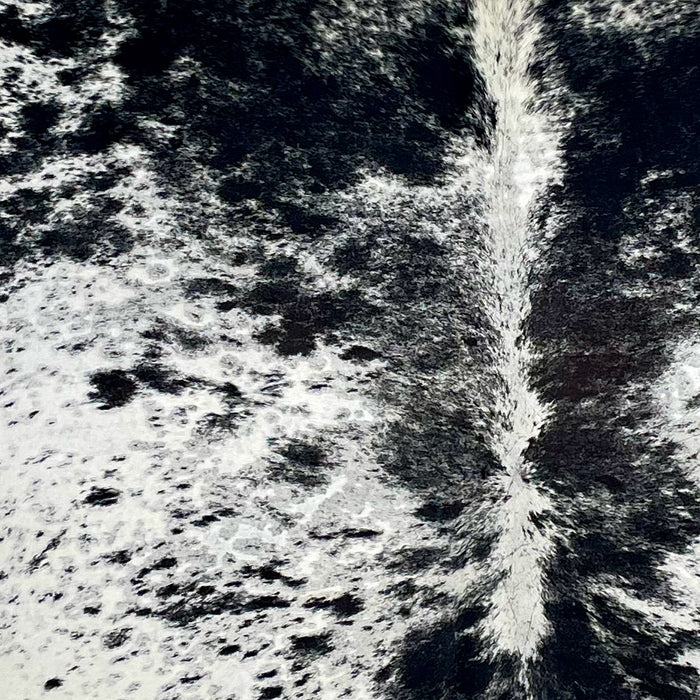 Closeup of this Large, Speckled, Brazilian Cowhide, showing white with black spots and speckles, and faint, cloudy spots (BRSP2509)