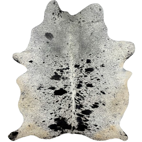 White and Black Speckled Brazilian Cowhide: white with black speckles and spots, and it has cream on the belly, hind shanks, and butt - 6'11" x 5'4" (BRSP2525)