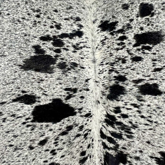 Closeup of this Speckled Brazilian Cowhide, showing white with black speckles and spots (BRSP2525)