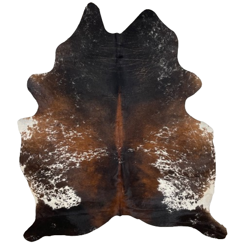 Large Tricolor Speckled Brazilian Cowhide:  has a mix of red brown and blackish brown, with white spots and speckles - 7'7" x 5'11" (BRSP2545)