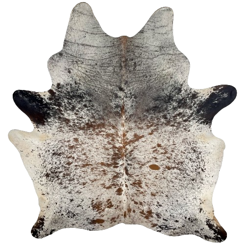 Large Tricolor Speckled Brazilian Cowhide, 1 brand mark:  off-white with brown and black spots and speckles, and it has one brand mark on the right side of the butt - 7'6" x 6'2" (BRSP2550)