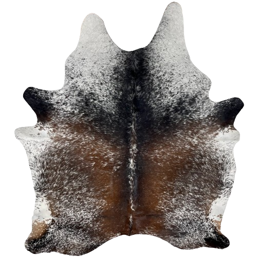 Large Tricolor Speckled Brazilian Cowhide:  black and brown, with white speckles, and it is white with black speckles on the neck and part of the shoulder - 7'7" x 5'10" (BRSP2556)