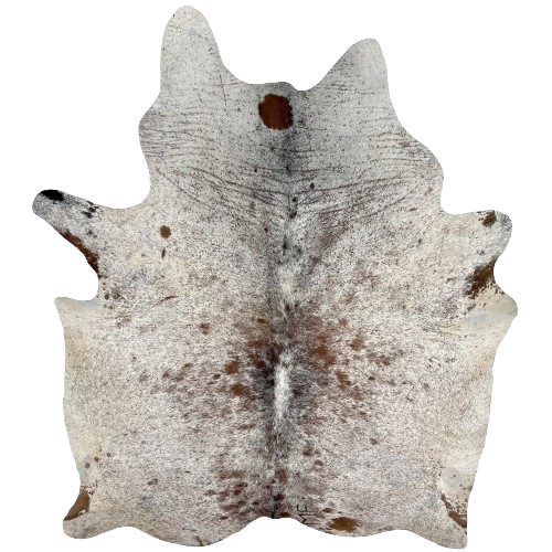 Tricolor Speckled Brazilian Cowhide, 1 brand mark:  white with brown and black speckles, and a few brown spots, and it has one brand mark on the right side of the butt - 7'2" x 5'6" (BRSP2559)