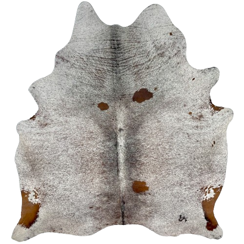 Brown and White Speckled Brazilian Cowhide, 1 brand mark:  white with brown speckles and spots, and it has one brand mark on the right side of the butt - 6'10" x 5'10" (BRSP2598)