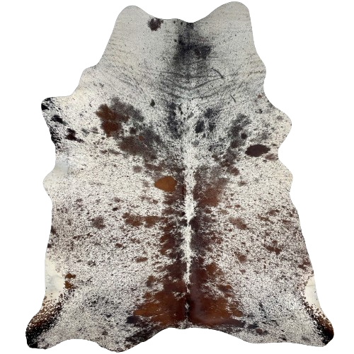 Tricolor Speckled Brazilian Cowhide:  white with brown speckles and spots on the back, belly, and shanks, and black speckles and spots on the shoulder and part of the butt - 7'2" x 5'4" (BRSP2611)