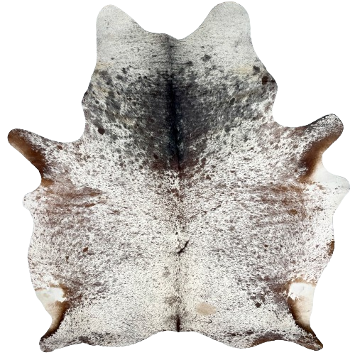 Tricolor Speckled Brazilian Cowhide, 1 brand mark:  white with black spots and speckles on the shoulder, white with brown speckles and spots covering the rest of the hide, and it has one brand mark on the right side of the butt - 7'5" x 6'4" (BRSP2624)