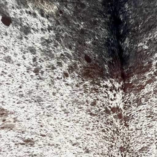 Closeup of this Tricolor, Speckled, Brazilian Cowhide, showing white with black spots and speckles on the shoulder, and white with brown speckles and spots covering the rest of the hide (BRSP2624)