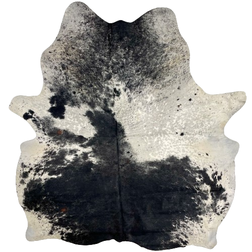 Black and White Speckled Brazilian Cowhide:  off-white with black spots and speckles, and faint, black speckles, and it has two small, brown spots on the left side - 6'3" x 5'7" (BRSP2626)
