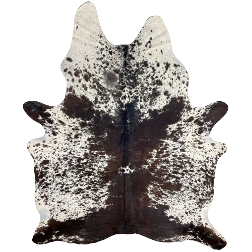 Large Blackish Brown and White Speckled Brazilian Cowhide:  white with blackish brown speckles and large and small spots - 7'10" x 5'8" (BRSP2634)