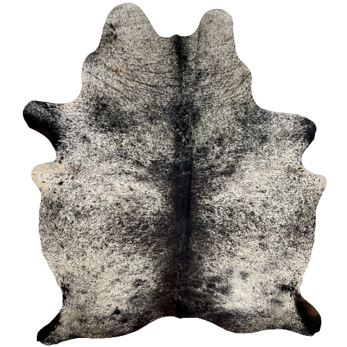 Black and White Speckled Brazilian Cowhide, 1 brand mark:  white with black speckles and spots, and it has one brand mark on the right side of the butt - 7'3" x 5'7" (BRSP2638)