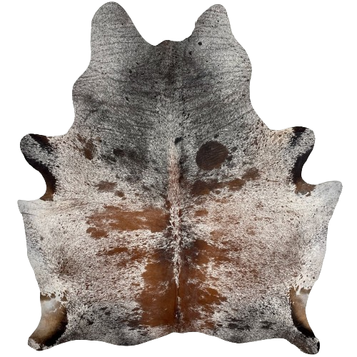 Tricolor Speckled Brazilian Cowhide, 1 brand mark:  white with brown and black speckles and spots, and one brand mark on the right side of the butt - 7'4" x 6'1" (BRSP2652)