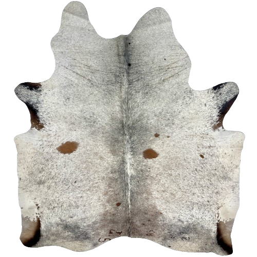 Tricolor Speckled Brazilian Cowhide, 5 brand marks:  white with brown and black speckles and a few small, brown spots, and it has two brand marks on the left side of the butt and three on the right side - 7'2" x 6'3" (BRSP2657)
