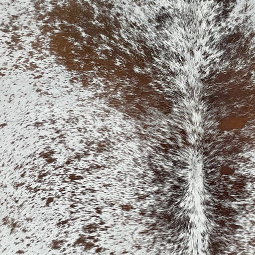 Closeup of this Large Speckled Brazilian Cowhide, showing white with brown speckles and spots (BRSP2690)