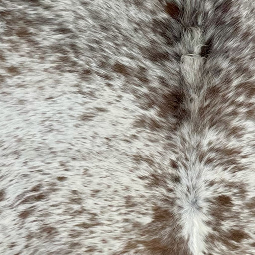 Closeup of this Large Speckled Brazilian Cowhide, showing white with brown speckles and spots (BRSP2698)