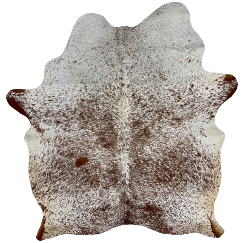 Reddish Brown and White Speckled Brazilian Cowhide: white with reddish brown speckles and spots, and it has off-white on the belly - 6'8" x 5'3" (BRSP2710)