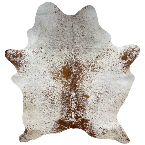 White and Reddish Brown Speckled Brazilian Cowhide, 1 brand mark: white with reddish brown speckles and spots, and it has one brand mark on the right side of the butt - 6'11" x 5'6" (BRSP2711)