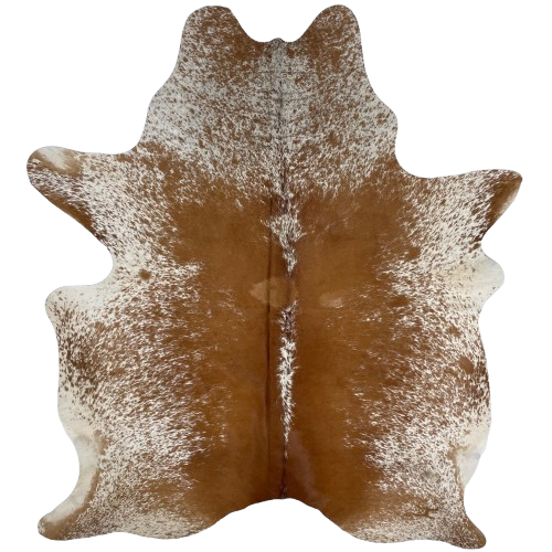 Reddish Brown and White Speckled Brazilian Cowhide, 1 brand mark: reddish brown, with white speckles, down the middle of the back, and white with reddish brown speckles on the belly, shoulder, and shanks, and one brand mark on the right side of the butt  - 6'9" x 5'3" (BRSP2713)