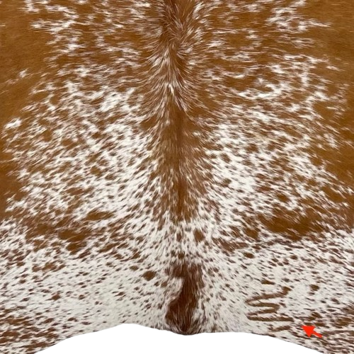 Closeup of this Reddish Brown and White Speckled Brazilian Cowhide, showing one brand mark on the right side of the butt (BRSP2714)